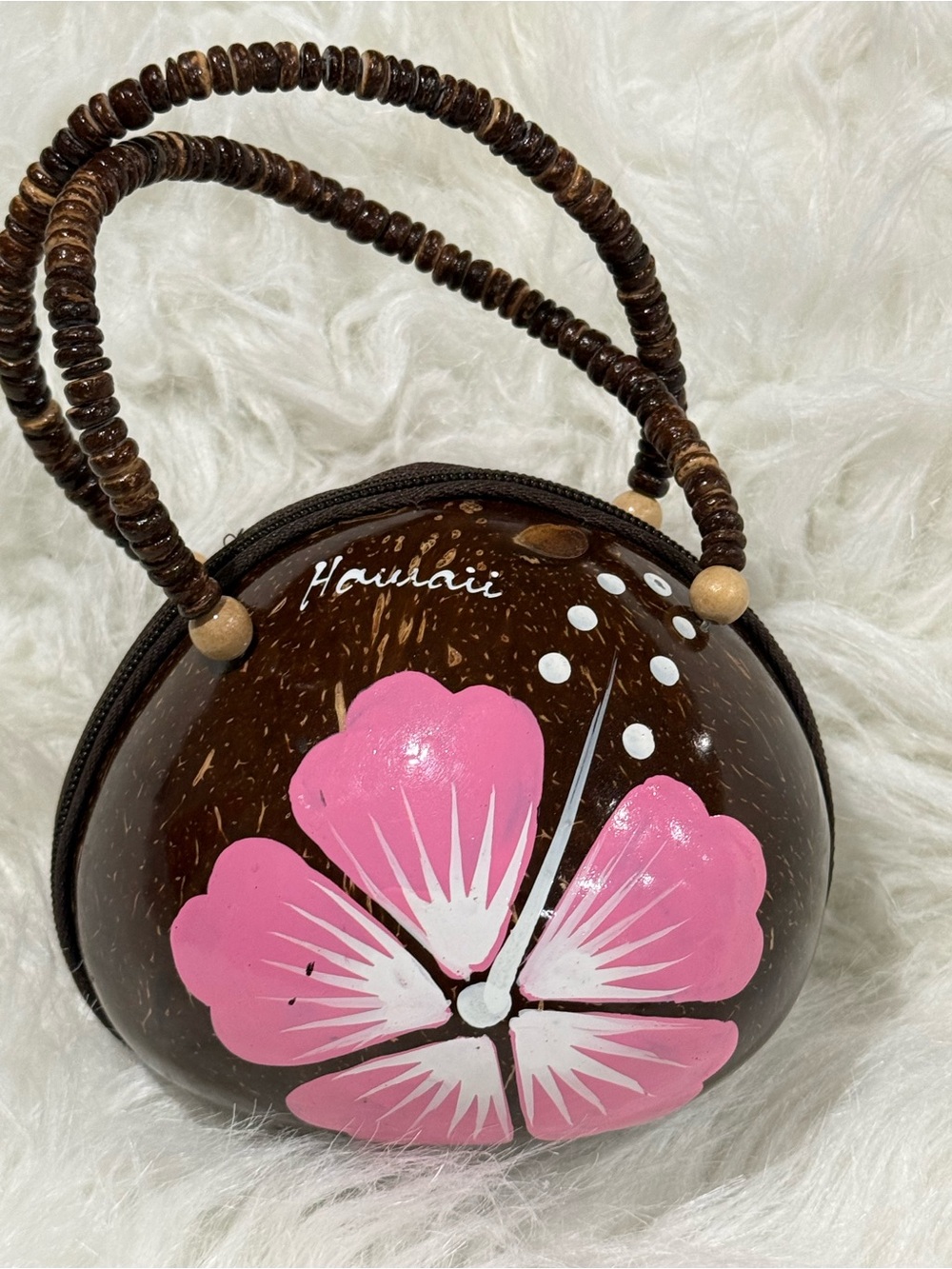 5" Aloha Hawaii Coconut Shaped Handbag Purse PINK FLOWER Souvenir Zip Around